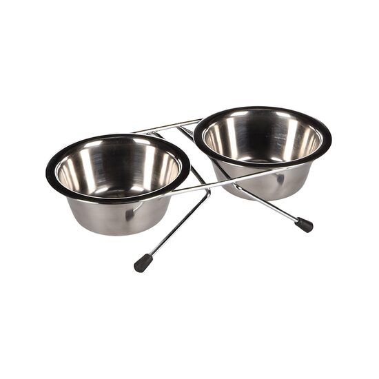 Suport + Castron inox câini Flamingo Dinner 13 cm – Set 2 boluri