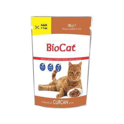 HRANA UMEDA PENTRU PISICI BIOCAT PLIC CURCAN IN SOS 100g (22/BAX) - Petshop-constanta