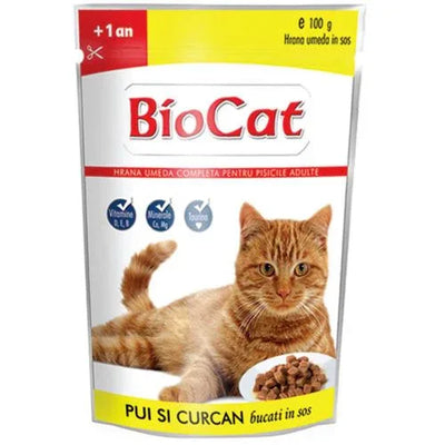 HRANA UMEDA PENTRU PISICI BIOCAT PLIC PUI&CURCAN IN SOS 100gr(24/bax) - Petshop-constanta