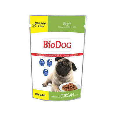 Hrană umedă pentru câini adulți,cu curcan - Biodog plic 100gr.