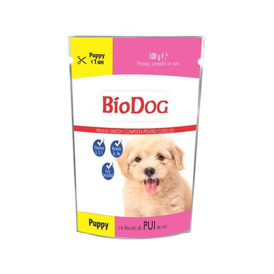 Hrană umedă pentru câini Juniori, Pui - Biodog Plic 100gr.
