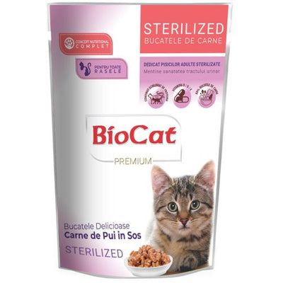 Hrană umedă pisici sterilizate Biocat Pui 85g – Premium