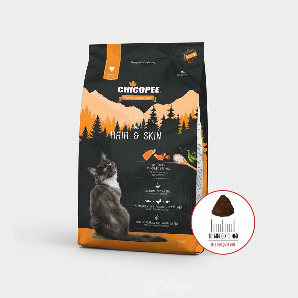 A bag of Chicopee Hair & Skin premium cat food. The main color is black with an orange accent, and there is an image of a cat on the bag.