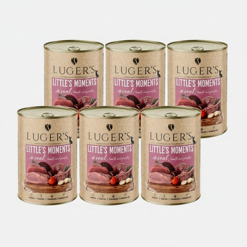 Six cans of Luger's Little's Moments pet food on a white background