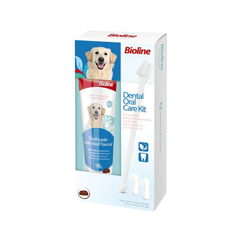 Bioline Kit Dentar Câini Pastă și Periuță 100g – Vită