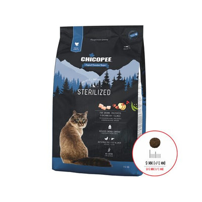 A bag of Chicopee brand sterilized cat food, with an image of a cat and text highlighting the product features.