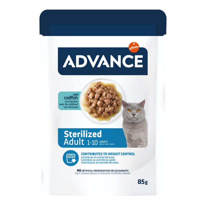 Advance Sterilized Adult hrană umedă pisici sterilizate cu cod, plic 85g