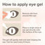 Instructions on how to apply eye gel with icons and text.